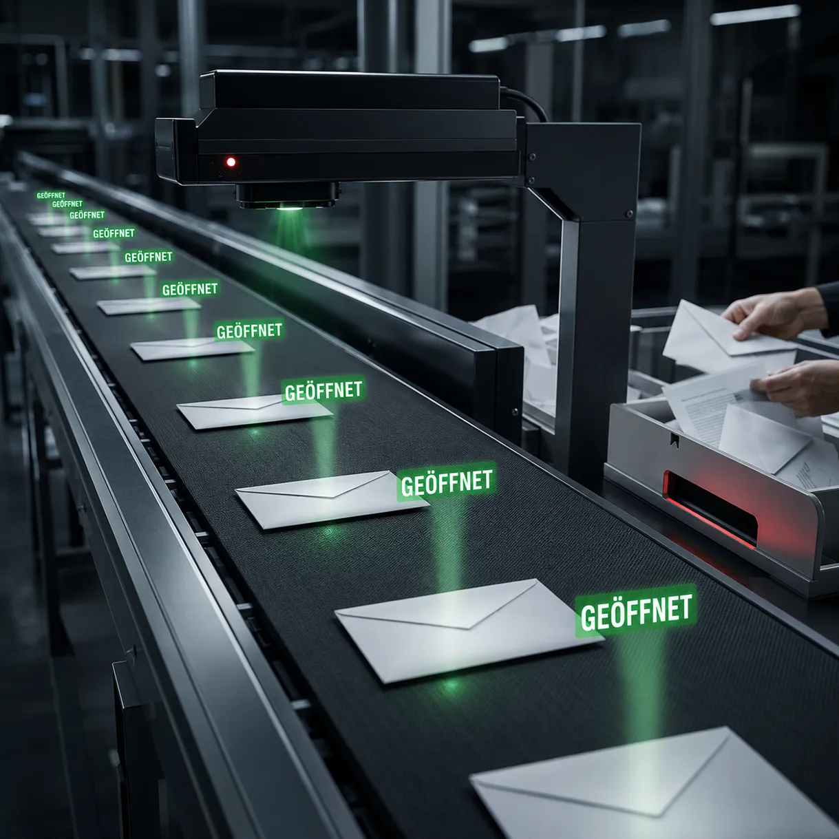 E-Mail-Umschl&auml;ge auf einem F&ouml;rderband werden automatisch als ge&ouml;ffnet markiert, obwohl sie unge&ouml;ffnet bleiben.