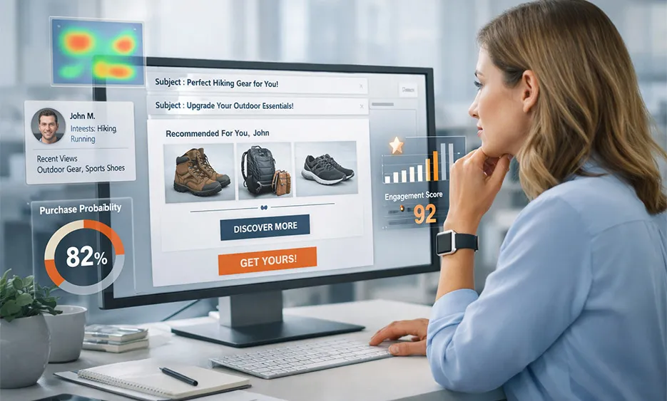 Marketing-Managerin analysiert personalisierte E-Mail-Kampagne mit KI-gestützten Nutzer- und Kaufdaten. - Media Beats