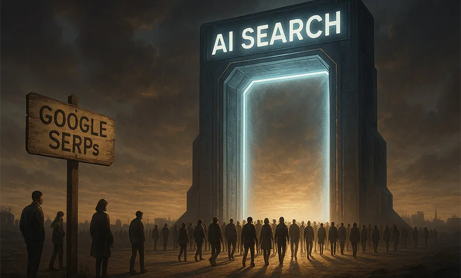 Illustration AI Search vs. Google SERPs: Menschen gehen in ein leuchtendes Tor der KI-Suche – Media Beats