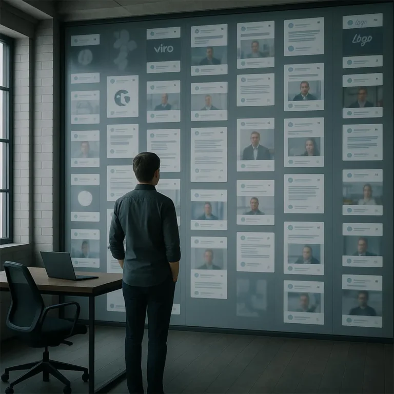 Person betrachtet eine große Wand voller digitaler Profilkarten und Informationsfelder in einem modernen Büro. - Media Beats