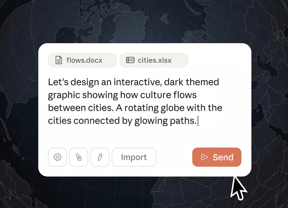 UI-Fenster mit Design-Prompt für interaktive Weltkarte, zeigt Text zur Visualisierung von Städteverbindungen mit leuchtenden Linien. - Media Beats