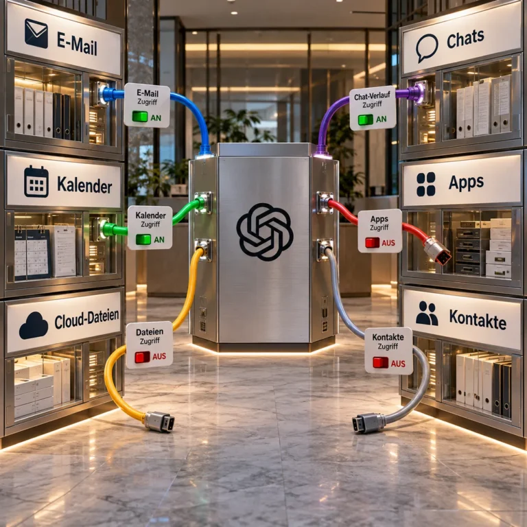 Zentraler ChatGPT-Datenhub mit sechs verbundenen Datenbereichen. E-Mail, Kalender und Chats sind aktiviert, während Cloud-Dateien, Apps und Kontakte keinen Zugriff erhalten.