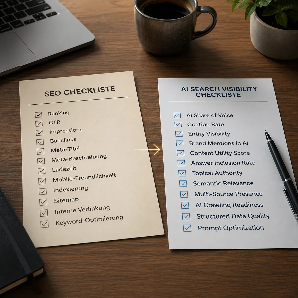 SEO-Checkliste und AI Search Visibility Checkliste liegen nebeneinander und zeigen den Wandel von klassischem SEO zu GEO.