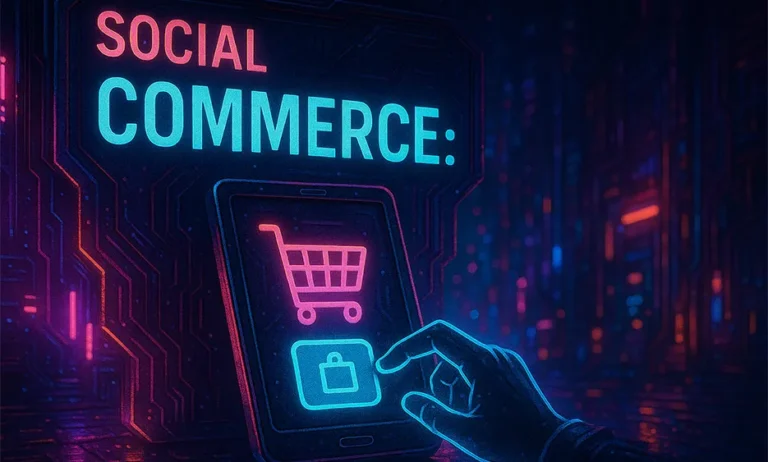 Social Commerce Blogbild - Cyberpunk-Illustration zu Social Commerce mit Einkaufswagen-Symbol auf Smartphone