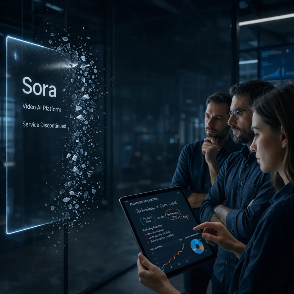 Team betrachtet zerfallende Sora Plattformanzeige auf Bildschirm und analysiert Strategiedaten auf Tablet. - Media Beats