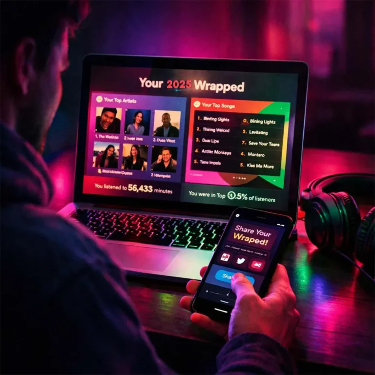 Person betrachtet Spotify Wrapped auf einem Laptop und teilt die Auswertung über ein Smartphone in neonbeleuchteter Umgebung. - Media Beats