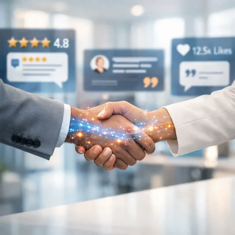 Zwei Personen geben sich die Hand, verbunden durch leuchtende Datenlinien, im Hintergrund digitale Bewertungen und Social-Proof-Elemente. - Media Beats