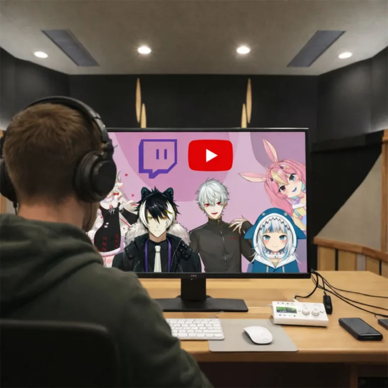 Person mit Kopfhörern sitzt vor einem Monitor mit virtuellen Avataren und YouTube- sowie Twitch-Symbolen in einem Studio-Setup. - Media Beats