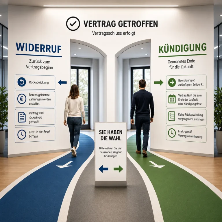 Infografik vergleicht Widerruf und Kündigung nach Vertragsabschluss mit ihren rechtlichen Unterschieden und Folgen.