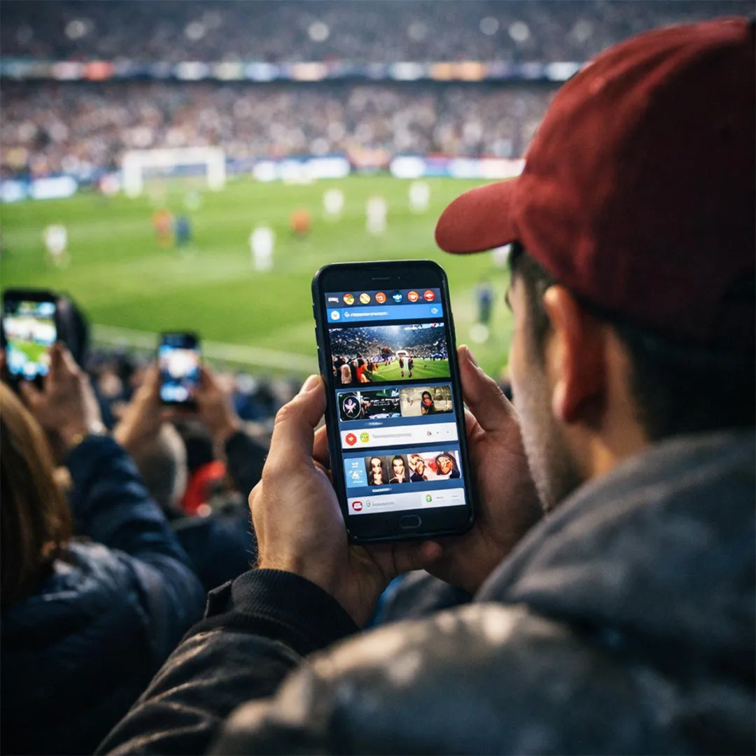 Person filmt ein Fu&szlig;ballspiel im Stadion mit dem Smartphone, w&auml;hrend auf dem Display Social-Media- und Live-Content angezeigt werden. - Media Beats
