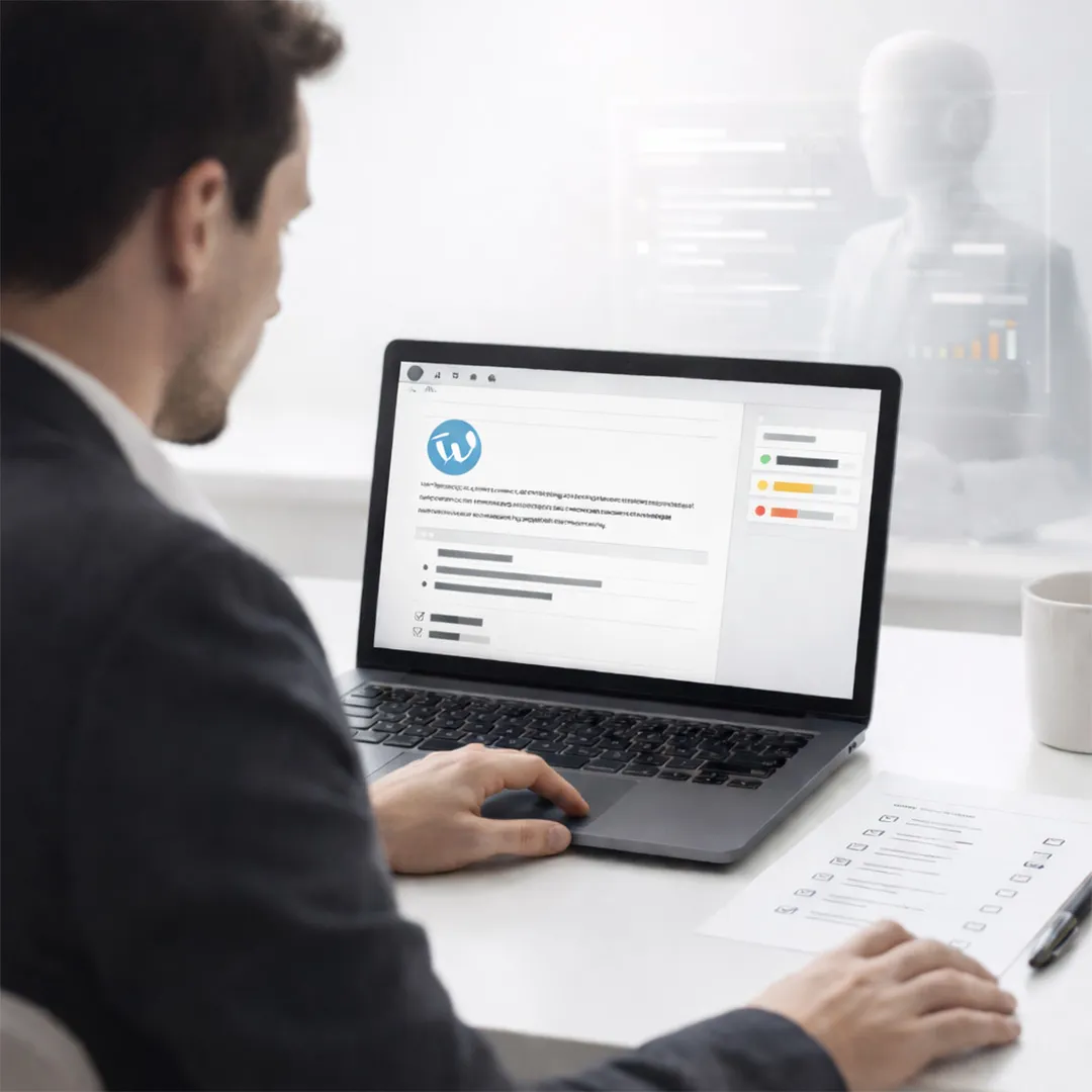 Person arbeitet am Laptop mit WordPress-Oberfl&auml;che, daneben liegt eine ausgef&uuml;llte Schreib-Checkliste auf dem Schreibtisch. - Media Beats