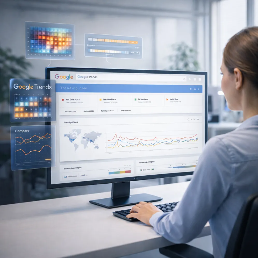 Frau analysiert Google Trends Dashboard mit Echtzeitdaten und Heatmaps auf großem Monitor. - Media Beats
