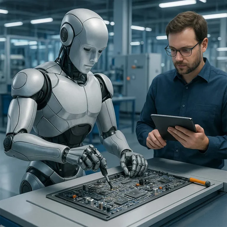 Humanoider Roboter montiert elektronische Bauteile, während ein Ingenieur daneben steht und Daten auf einem Tablet prüft. - Media Beats