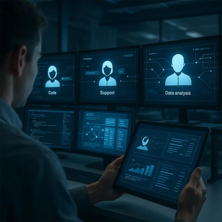 Person überwacht mehrere Monitore mit Visualisierungen zu Code, Support und Datenanalyse, während auf einem Tablet weitere KI-Agenten-Daten angezeigt werden. - Media Beats