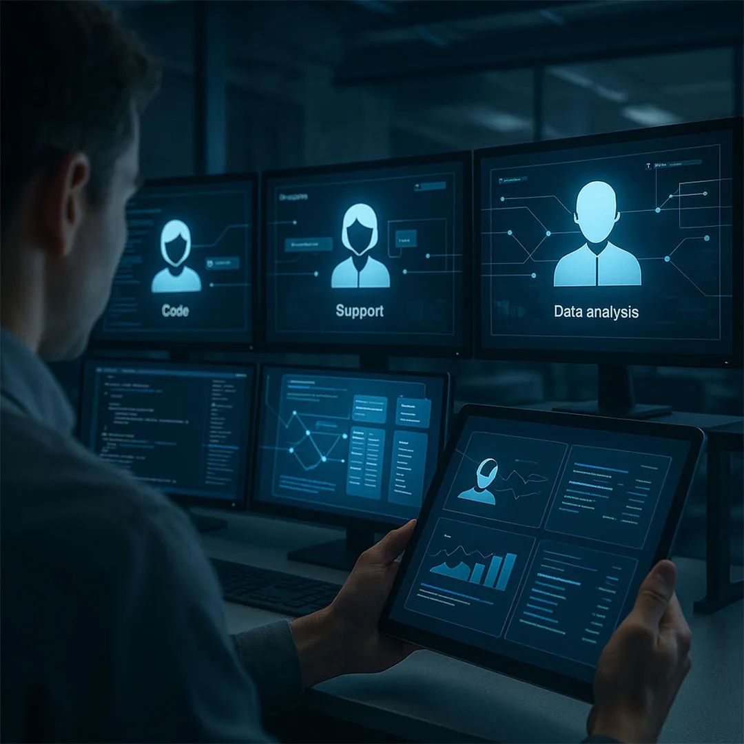 Person überwacht mehrere Monitore mit Visualisierungen zu Code, Support und Datenanalyse, während auf einem Tablet weitere KI-Agenten-Daten angezeigt werden. - Media Beats