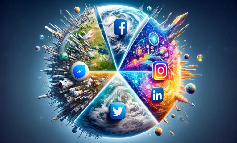 Erde in sechs Segmenten mit Logos von Facebook, Instagram, LinkedIn, Twitter und Messenger - Media Beats GmbH