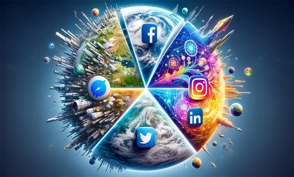 Erde in sechs Segmenten mit Logos von Facebook, Instagram, LinkedIn, Twitter und Messenger - Media Beats GmbH