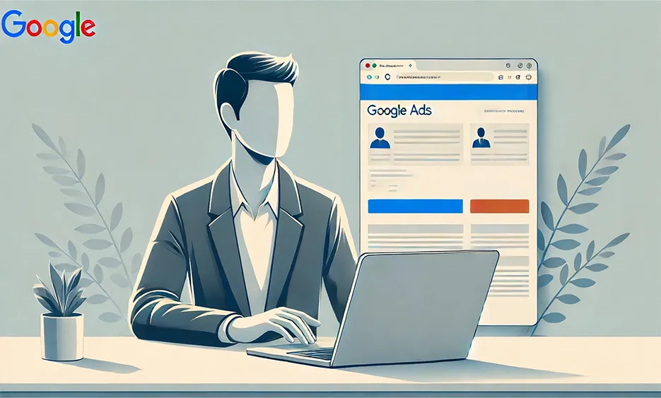 Illustration eines Mannes am Laptop vor einem Google Ads Interface mit Pflanzen im Hintergrund - Media Beats GmbH