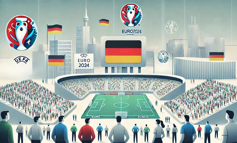 Illustration eines Fußballstadions mit Zuschauern, Deutschland-Flaggen und Euro 2024 Logos - Media Beats GmbH
