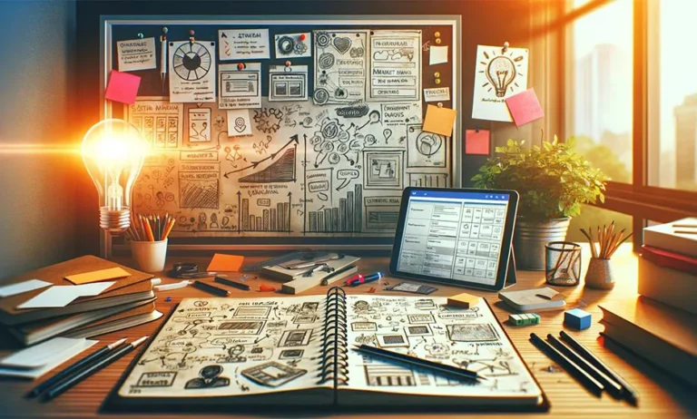 Arbeitsplatz mit Notizbuch voller Skizzen, Tablet, Glühbirne und Schreibtischutensilien im Sonnenlicht - Media Beats GmbH