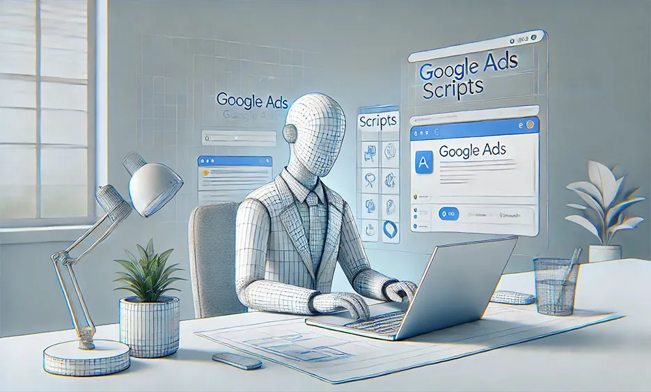 3D-Gittermodell eines Geschäftsmanns am Laptop mit schwebenden Google Ads Scripts Fenstern - Media Beats GmbH