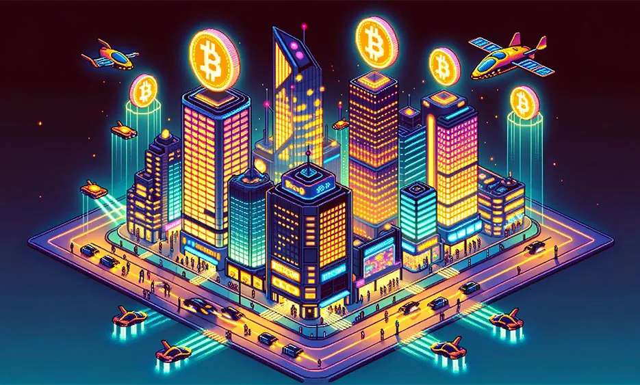 Leuchtende digitale Stadt mit fliegenden Drohnen und Bitcoin-Symbolen über Hochhäusern - Media Beats GmbH