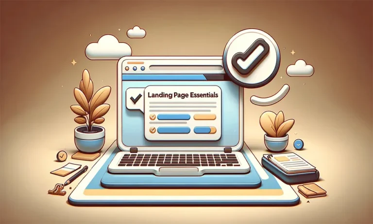 Illustration eines Laptops mit geöffnetem Fenster „Landing Page Essentials“ und großen Häkchen-Symbolen - Media Beats GmbH