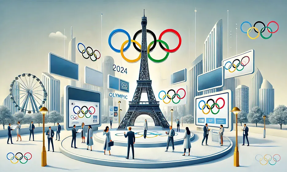 Illustration des Eiffelturms umgeben von Menschen und digitalen Displays mit Olympischen Ringen 2024 - Media Beats GmbH