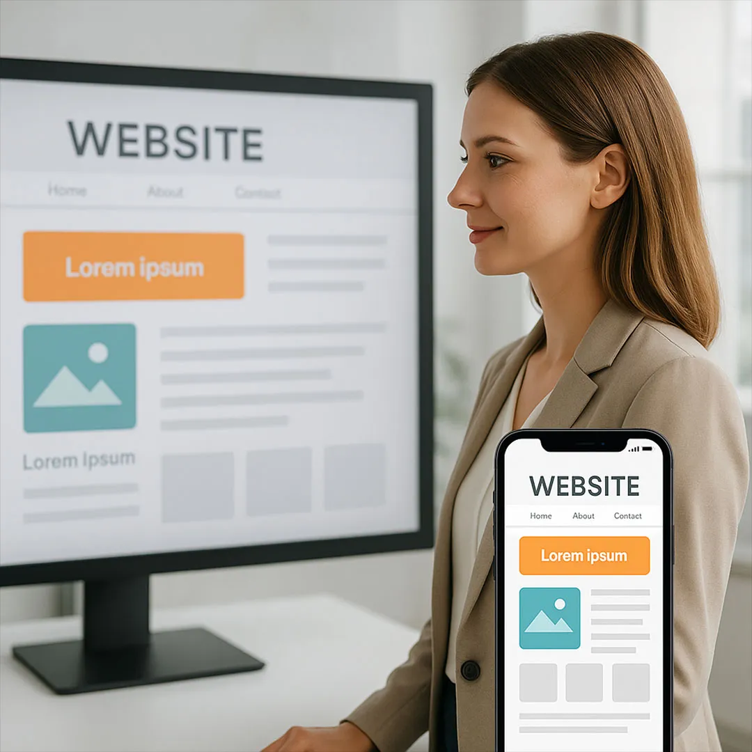 Foto Mobile-First-Webdesign: Frau präsentiert Website auf Desktop und Smartphone – Media Beats