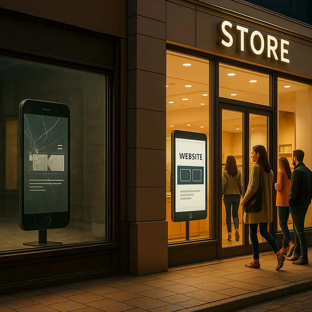 Illustration moderner Websites: kaputte alte Seite neben neuer, benutzerfreundlicher Website im Store – Media Beats GmbH