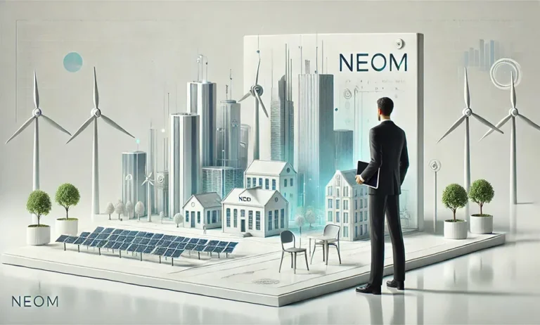 Geschäftsmann betrachtet Modell einer nachhaltigen Stadt mit Windrädern und Solarpanelen, Schriftzug NEOM - Media Beats GmbH