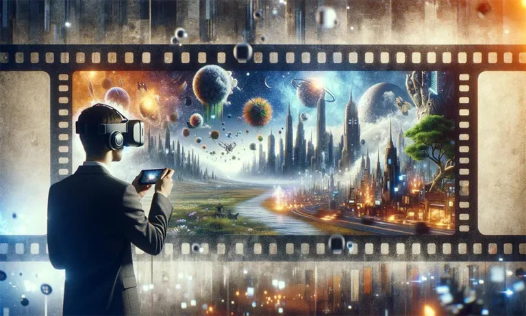 Geschäftsmann mit VR-Brille vor futuristischer, digitaler Stadtlandschaft in einem Filmstreifenrahmen - Media Beats GmbH