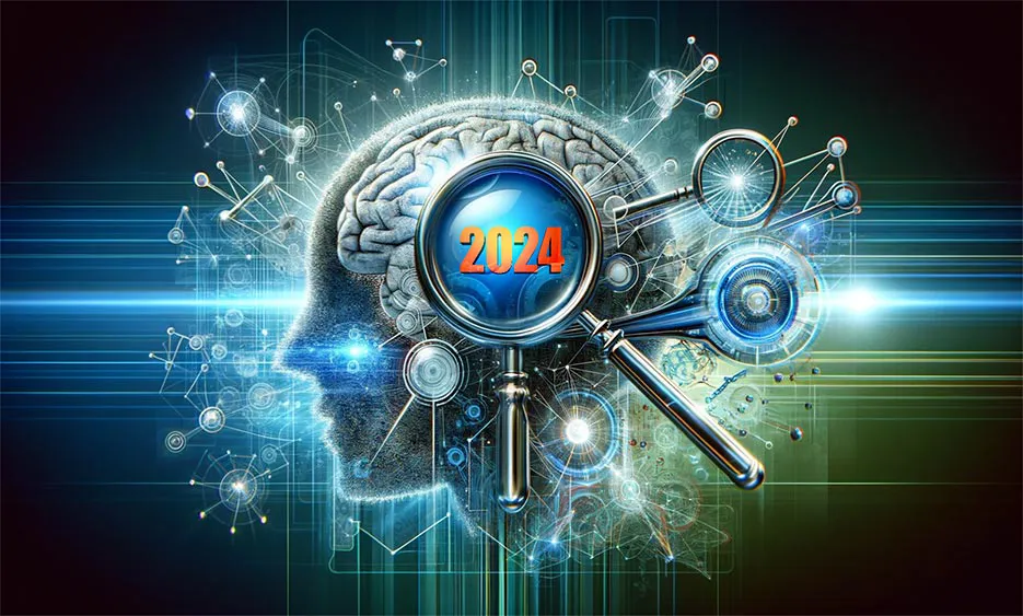 Digitales menschliches Gehirn mit Lupe und der Zahl 2024, umgeben von Vernetzungen und Datenpunkten - Media Beats GmbH