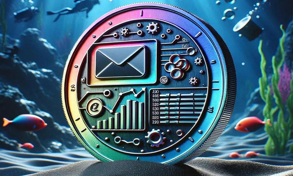 Bunte Münze mit E-Mail-, Diagramm- und Zahnradsymbolen auf Meeresboden mit Fischen und Tauchern im Hintergrund - Media Beats GmbH