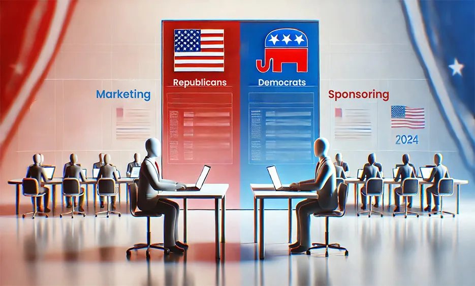 Illustration zweier Teams mit Laptops, getrennt durch amerikanische Flagge und Symbole der Republikaner und Demokraten, Thema Marketing und Sponsoring - Media Beats