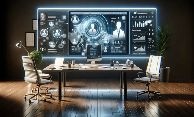 Modernes Büro mit zwei Stühlen und futuristischer digitaler Benutzeroberfläche für Personalmanagement an der Wand - Media Beats GmbH