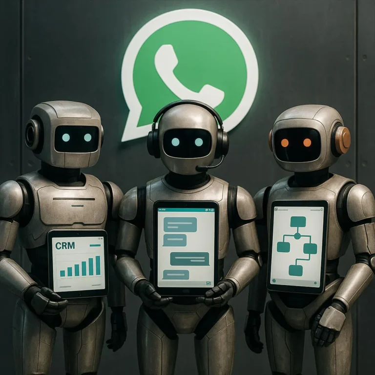 Illustration WhatsApp-Bot Tools: Drei Roboter mit CRM-, Chat- und Flow-Diagrammen vor WhatsApp-Logo – Media Beats