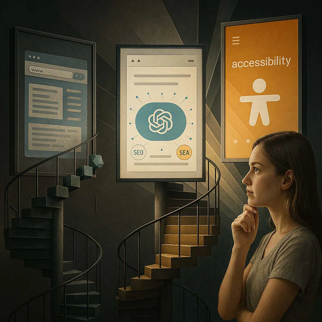Frau betrachtet drei große digitale Displays, die Themen wie Webdesign, SEO/SEA und Barrierefreiheit zeigen; daneben führen spiralförmige Treppen symbolisch zu den jeweiligen Bereichen. - Media Beats