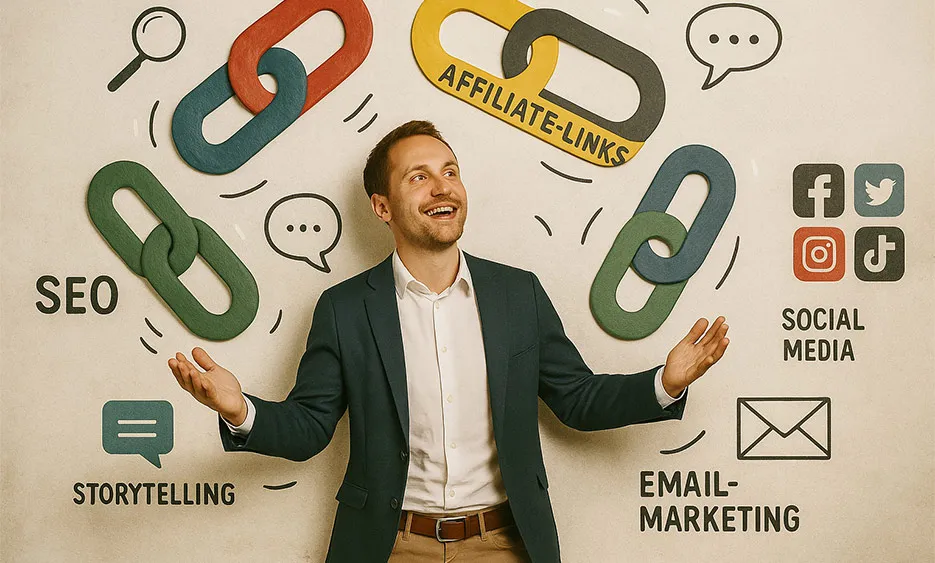 Lächelnder Mann vor Wand mit großen Kettensymbolen und Begriffen wie SEO, Affiliate-Links, Social Media und E-Mail-Marketing - Media Beats GmbH