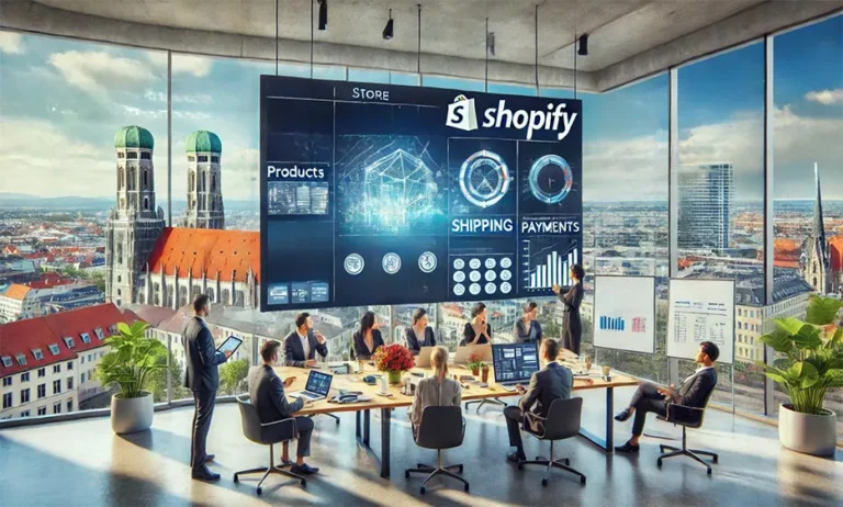 Geschäftsleute in modernem Meetingraum mit großer digitaler Präsentation zu Shopify-Store, Blick auf Münchner Skyline - Media Beats GmbH