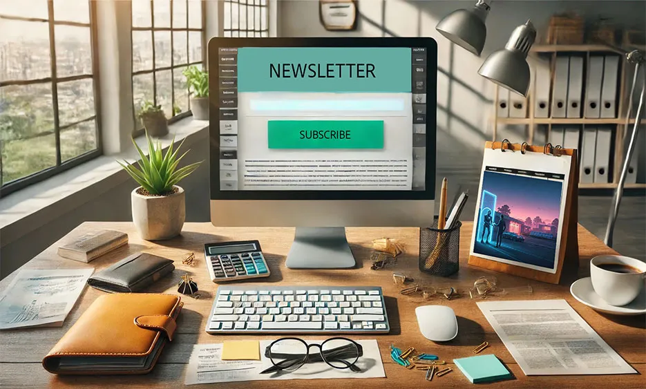 Arbeitsplatz mit Desktop-Computer, der eine Newsletter-Anmeldung mit „Subscribe“-Button zeigt - Media Beats GmbH