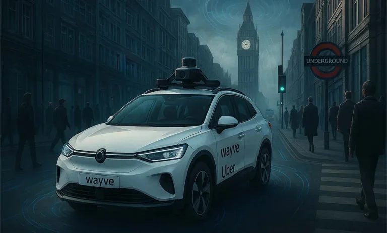 Autonomes Fahrzeug mit Wayve und Uber Logos auf einer Londoner Straße vor Big Ben bei Nacht - Media Beats GmbH