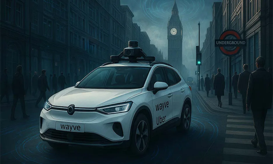 Autonomes Fahrzeug mit Wayve und Uber Logos auf einer Londoner Straße vor Big Ben bei Nacht - Media Beats GmbH