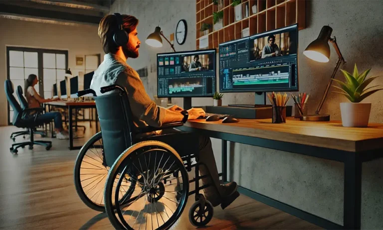 Mann im Rollstuhl arbeitet mit Kopfhörern an einem PC mit zwei Monitoren in einem modernen Büro - Media Beats GmbH