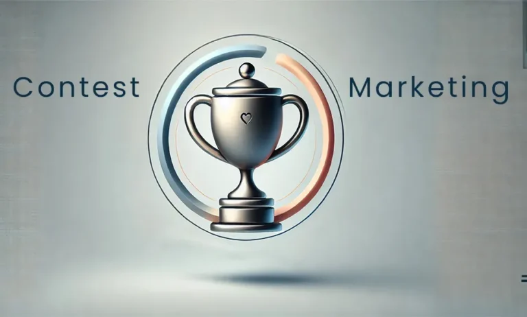 Silberner Pokal mit Herz-Symbol, umgeben von kreisförmigen Linien, Text „Contest Marketing“ daneben - Media Beats GmbH