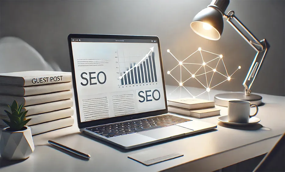 Gastbeiträge im SEO: EEin Laptop mit SEO-Statistiken auf dem Bildschirm, Bücherstapel mit „Guest Post“ neben Schreibtischlampe und Kaffeetasse - Media Beats GmbH