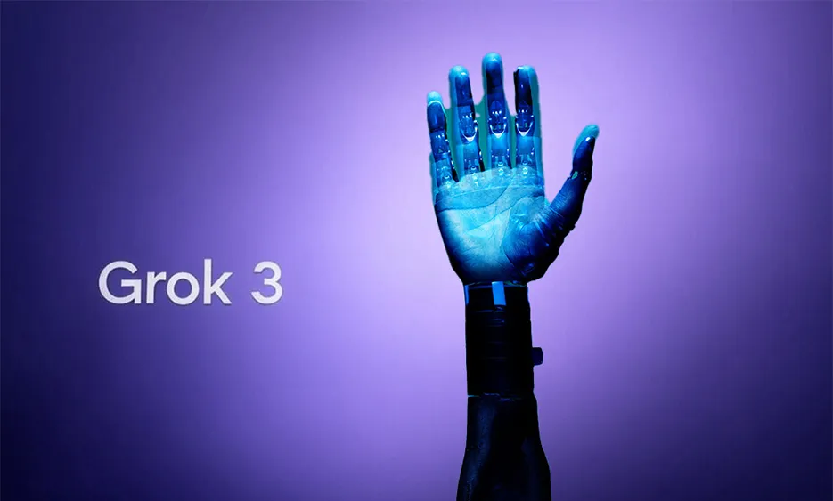Roboterhand mit blauer Beleuchtung vor violettem Hintergrund und Text „Grok 3“ - Media Beats GmbH