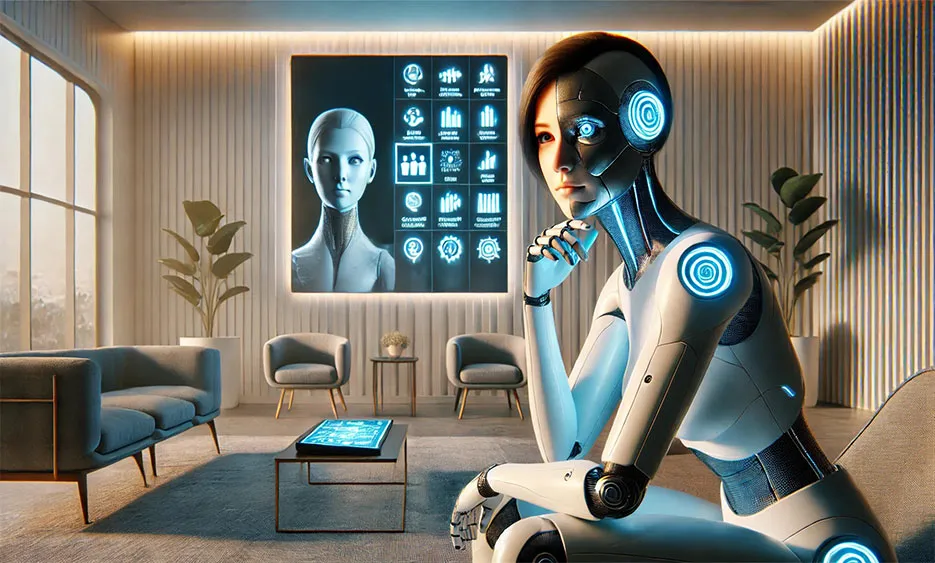 Futuristische humanoide Roboterfrau sitzt nachdenklich in modernem Büro mit digitalen Anzeigen - Media Beats GmbH