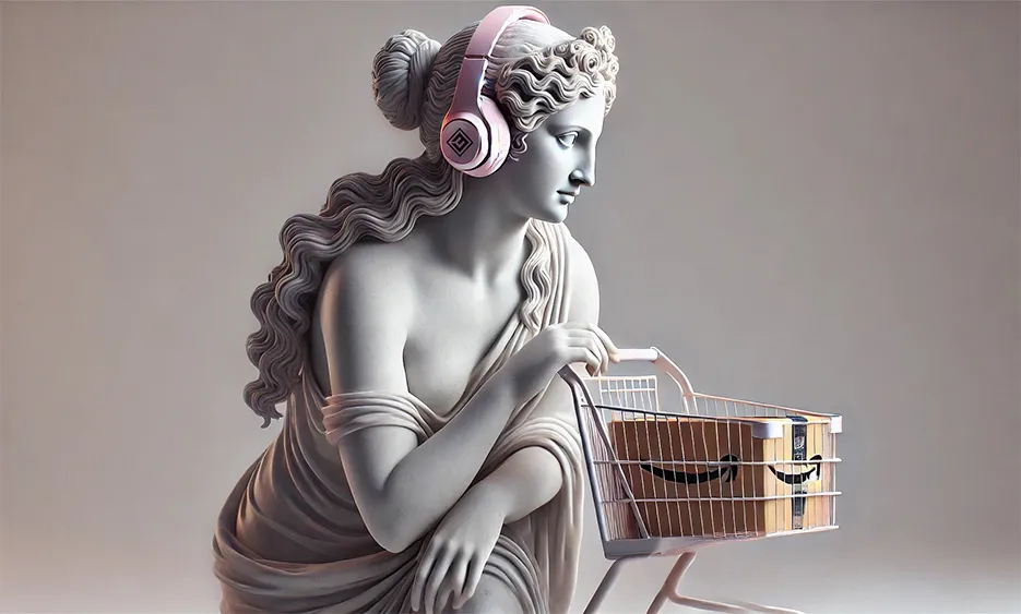 Klassische Frauenstatue mit pinken Kopfhörern und kleinem Einkaufswagen mit Paketen - Media Beats GmbH