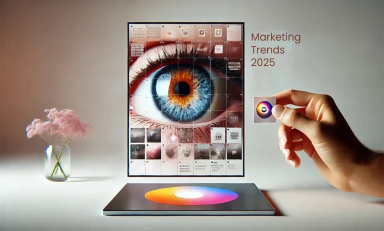 Nahaufnahme eines farbigen Auges, zusammengesetzt aus kleinen Kacheln, Hand hält ein Kachelstück, Text „Marketing Trends 2025“ - Media Beats GmbH